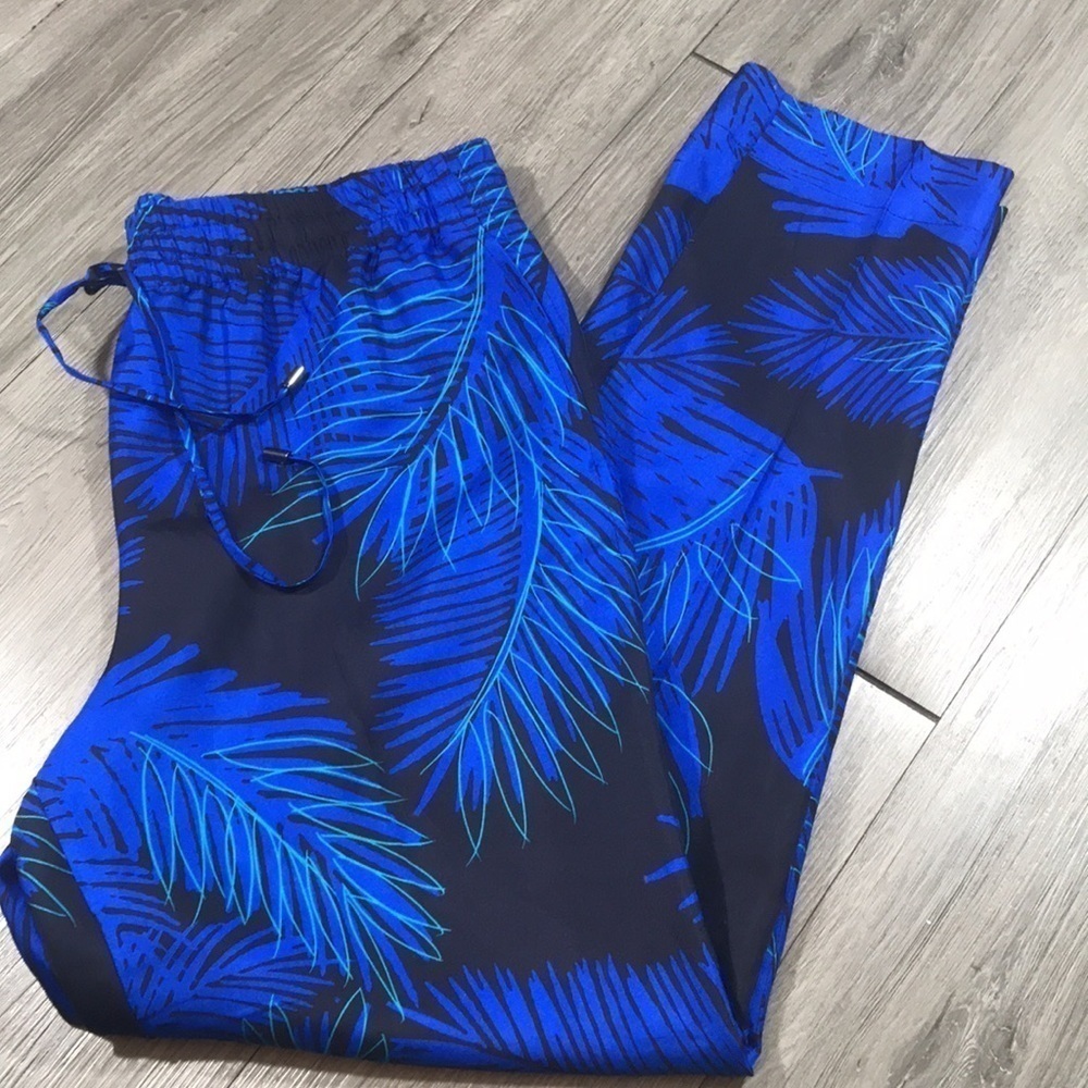 Carlisle Collection “Lagoon Palm” Royal Blue & Black 100% Silk Pants size 4